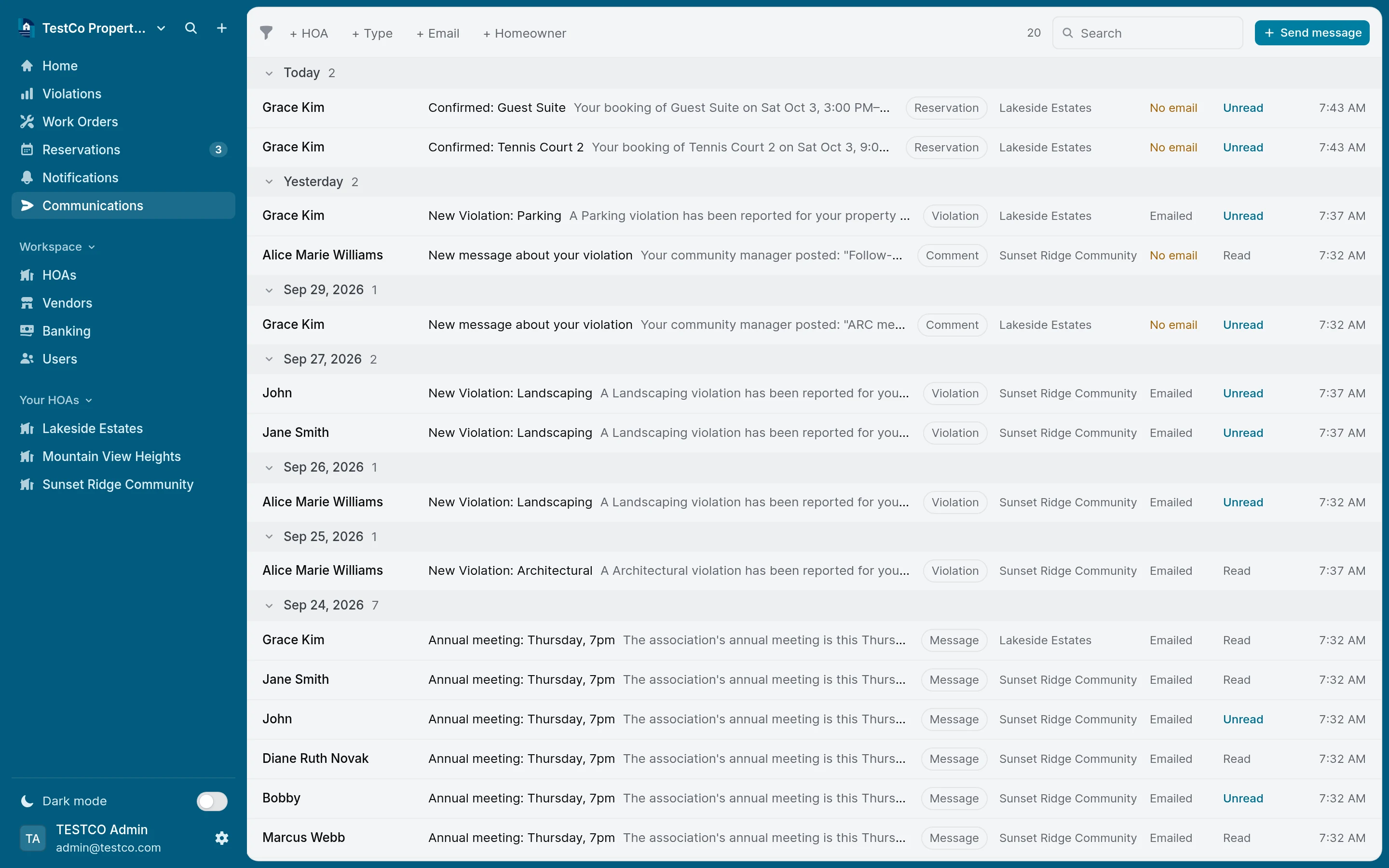The Communications log: each message to a homeowner with its type, HOA, delivery and read status